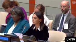  نازنین بنیادی در کنار لیندا توماس گرینفیلد، نماینده آمریکا در سازمان ملل، در نشست غیررسمی شورای امنیت. رابرت مالی، نماینده آمریکا در امور ایران، در ردیف عقب نشسته است.