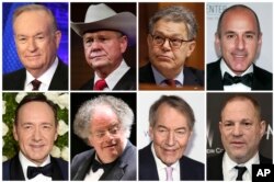 This combination of photos shows, top row from left, broadcaster Bill O'Reilly, U.S. Senate candidate Roy Moore, U.S. Sen. Al Franken, D-Minn., and broadcaster Matt Lauer. Bottom row from left are actor Kevin Spacey, conductor James Levine, broadcaster Ch