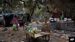 Seorang perempuan membawa ember untuk mengambil air dari keran umum di daerah kumuh di New Delhi, India, 17 Januari 2016. 