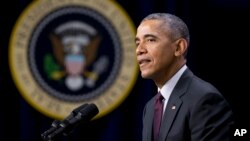 President Barack Obama speaks in the Eisenhower Executive Office Building on the White House complex in Washington, Jan. 29, 2016.
