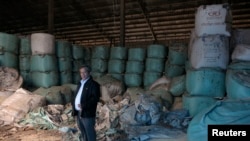 Kittisak Ratanawarahal, ketua Jaringan Petani Utara, di dalam gudang beras yang membusuk di provinsi Phichit, di bawah skema subsidi oleh mantan Perdana Menteri Thaksin Shinawatra (6/2). 