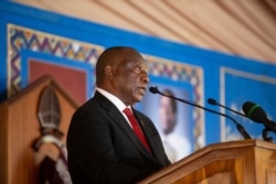 South African President Cyril Ramaphosa delivers his eulogy during the memorial service for Zulu King Goodwill Zwelithini in Nongoma, South Africa, March 18, 2021.