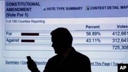 Brian Brown, pemimpin organisasi nasional untuk urusan pernikahan, berdiri di depan proyeksi hasil perhitungan suara untuk undang-undang di North Carolina (8/5).