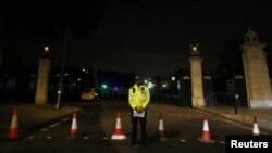 Un policier monte la garde après l’arrestation d’un homme portant un couteau à l'extérieur du palais de Buckingham à Londres, Grande-Bretagne, 25 août 2017.