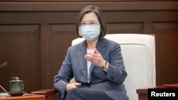 Taiwan President Tsai Ing-wen speaks to member of the House of Representatives of Japan Keiji Furuya and other members of the delegation