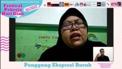 Perwakilan pekerja rumahan menyampaikan orasi singkat dalam Festival Pekerja Hari Gini secara daring merayakan Hari Buruh (1/5). (Foto: VOA/Yudha Satriawan)