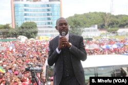 FILE - Movement for Democratic Change (MDC) acting leader Nelson Chamisa addresses party supporters in Harare, Zimbabwe, Feb. 19, 2018.