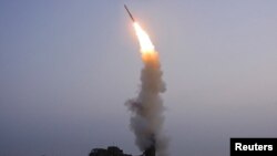 A newly developed anti-aircraft missile is seen during a test conducted by the Academy of Defense Science, in this undated photo released on Oct. 1, 2021, by North Korea's Korean Central News Agency.
