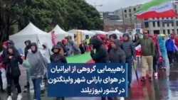 راهپیمایی گروهی از ایرانیان در هوای بارانی شهر ولینگتون در کشور نیوزیلند