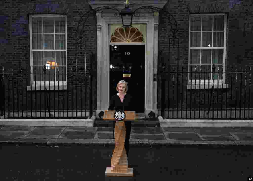 British Prime Minister Liz Truss makes a statement regarding the death of Queen Elizabeth II outside 10 Downing Street in London, Sept. 8, 2022.