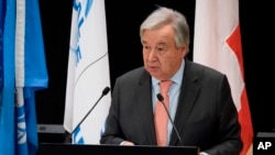 FILE - U.N. Secretary-General Antonio Guterres speaks at the European headquarters of the United Nations in Geneva, Switzerland, Dec. 17, 2019. 