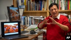 Architect Yu Kongjian speaks during an interview at his firm's office in Beijing, Friday, Oct. 21, 2022. Kongjian works to counter a concrete-based infrastructure that he says works against nature – trapping water within the city during floods, siphoning it away during droughts. (AP Photo/Mark Schiefelbein)