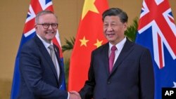 Australian Prime Minister Anthony Albanese, left, meets Chinese President Xi Jinping on the sidelines of the G-20 summit in Nusa Dua, Bali, Indonesia, Nov. 15, 2022. 