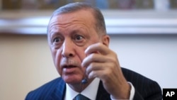 Turkey's President Recep Tayyip Erdogan speaks during a press conference after official talks with the members of Bosnian presidency in Sarajevo, Bosnia, Tuesday, Sept. 6, 2022.
