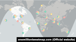A screenshot from onemilliontweetmap.com displaying the distribution of tweets containing words "omicron" and "hoax" on December 3, 2021.