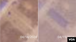 의주비행장 창고 건물 부지의 14일(왼쪽)과 19일(오른쪽) 비교 장면. 빈 부지에 파란색 지붕의 건물이 들어섰다. 사진=Planet Labs