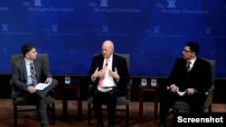 헤리티지 재단이 ‘신냉전 승리: 중국에 대항하기 위한 계획’ 토론회를 열었다. 데릭 모건 헤리티지 부회장(왼쪽) , 마이클 필스버리 선임 연구원(중간) , 제프 스미스 아시아연구센터 소장(오른쪽). 사진 = 헤리티지 재단 영상 캡처.