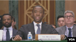 월리 아데예모 미 재무부 부장관이 9일 미 상원 은행·주택·도시문제위원회의 ‘불법 금융 및 제재 회피 대응’ 관련 청문회에 출석해 발언하고 있다.