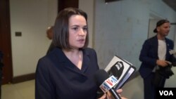 A screenshot from a March 25, 2023 interview Belarus opposition leader Sviatlana Tsikhanouskaya had with VOA's Russian Service.