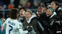 Philippines' forward Sarina Bolden celebrates scoring her team's first goal during the Australia and New Zealand World Cup match between New Zealand and the Philippines, in Wellington, New Zealand, on July 25, 2023.