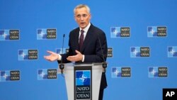 NATO Secretary General Jens Stoltenberg speaks during a pre-ministerial media conference at NATO headquarters in Brussels, June 14, 2023.