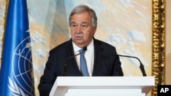 FILE - U.N. Secretary-General Antonio Guterres speaks after a summit on Afghanistan in Doha, Qatar, May 2, 2023. Another Doha conference ended Feb. 19, 2024, with consensus on goals for Taliban rulers but little progress on how the world should coordinate engagement with them.
