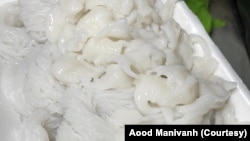 ເຂົ້າປຸ້ນບີບໃໝ່ ຈາກຮ້ານເຂົ້າປຸ້ນແຈ່ວຂີງ. (ພາບຈາກເຟສ໌ບຸກ Aood Manivanh)