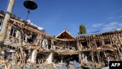 A yacht club is seen damaged as a result of the falling remains of a Russian drone shot down in Odesa, Ukraine, Oct. 17, 2023