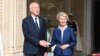 In this photo provided by the Tunisian Presidency, Tunisian President Kais Saied, left, shakes hand with European Commission President Ursula von der Leyen at the presidential palace in Carthage, Tunisia, July 16, 2023.