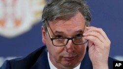 FILE - Serbian President Aleksandar Vucic speaks during a press conference in Belgrade, Serbia, April 24, 2023. 