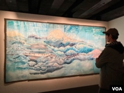 The Cloud Museum — a look at how Gazan artists see a future museum in the territory which has none — is part of the exhibit "What Palestine Brings to the World" at the Arab World Institute in Paris, running through Nov. 19, 2023. (Lisa Bryant/VOA)