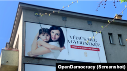Government funded billboard in Budapest reading “Let’s protect our children! Vote No on April 3rd!” on Homophobic Referendum