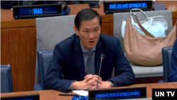 23일 뉴욕 유엔본부에서 열린 유엔총회 1위원회 회의에서 김인철 유엔주재 북한대표부 서기관이 발언하고 있다.