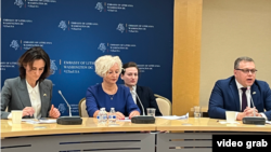 Baltic Parliamentary Speakers speak to reporters at the Embassy of Lithuania, Jan. 31, 2024. Left to right: Speakers include Viktorija Cmilyte-Nielsen of Lithuania, Daiga Mieriņa of Latvia and Lauri Hussar of Estonia.