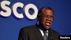 FILE - President of Namibia Hage Gottfried Geingob speaks in Paris, Nov. 12, 2021.