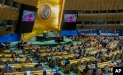 The United States' U.N. ambassador, Linda Thomas-Greenfield, addresses the General Assembly, at U.N. headquarters, Oct. 27, 2023.
