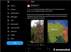 Screenshot from X showing a November 29, 2023, post from blue-checked account Clash Report, which passed off footage from Colombia to falsely claim fighting had been reported on the border of Guyana and Venezuela.