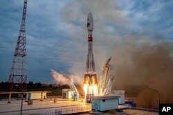 FILE - In this image made from video released by Roscosmos State Space Corporation, the Soyuz-2.1b rocket with the moon lander Luna-25 automatic station takes off from a launch pad at the Vostochny Cosmodrome in the Russian Far East, Aug. 11, 2023.