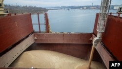U.N.-chartered vessel MV Valsamitis is loaded to deliver Ukrainian wheat to Kenya and Ethiopia, at the port of Chornomorsk on Ukraine's Black Sea coast, Feb. 18, 2023.