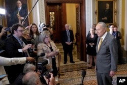 FILE - Senate Majority Leader Chuck Schumer of New York speaks to the media in Washington, Sept. 21, 2023.