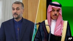 호세인 아미르압둘라히안 이란 외교장관(왼쪽)과 파이살 빈 파르한 알 사우드 사우디 외교장관