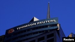 FILE - The Thomson Reuters logo is seen on a building in the Manhattan borough of New York City, Nov. 16, 2021.