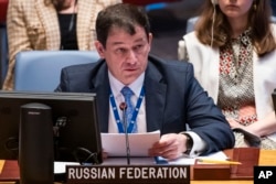 ดมิทรี โพลแยนสกี รองผู้แทนถาวรรัสเซียประจำยูเอ็น ขึ้นพูดในการประชุมคณะมนตรีความมั่นคงสหประชาชาติเพื่อหารือการรักษาสันติสุขและความมั่นคงในยูเครน เมื่อวันที่ 21 ก.ค. 2566 ณ ที่ทำการใหญ่ยูเอ็น