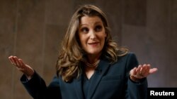 Canada's Deputy Prime Minister and Minister of Finance Chrystia Freeland speaks to media in Ottawa, Ontario, March 28, 2023. Freeland said, June 14, 2023, Canada is freezing ties with the China-led Asian Infrastructure Investment Bank.