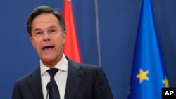 FILE - Netherlands Prime Minister Mark Rutte speaks during a press conference at the Serbia Palace, in Belgrade, Serbia, July 3, 2023. His government fell July 7 when two coalition members refused to support his immigration policy.