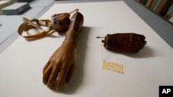 A prosthetic device for a wounded US soldier, part of the new pavilion of the National World War II Museum, is shown inside an archival wing of the museum before they are put on display, in New Orleans, Sept. 29, 2023. 