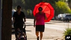 Local residents walk under the shade of trees in the early morning, July 28, 2023, in Burbank, Calif.