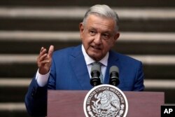 FILE - Mexican President Andres Manuel Lopez Obrador speaks at the National Palace in Mexico City, Jan. 10, 2023.