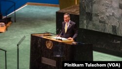 Thailand's Prime Minister Srettha Thavisin addresses the 78th session of the United Nations General Assembly on Friday, Sept. 22, 2023.