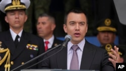FILE - Ecuador President Daniel Noboa speaks during a ceremony in Quito, Ecuador, Jan. 22, 2024. A diplomatic rift between Ecuador and Russia appears to have intensified over the weekend after Moscow decided to ban some of Ecuador’s banana exports.